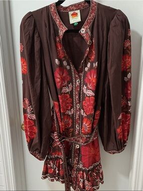 FARM Rio Brown Mini Dress with Red Floral Embroidery